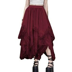 Lace Trim Layered Mesh Tulle Skirt High Waist Asymmetrical Long Goth Skirt Red